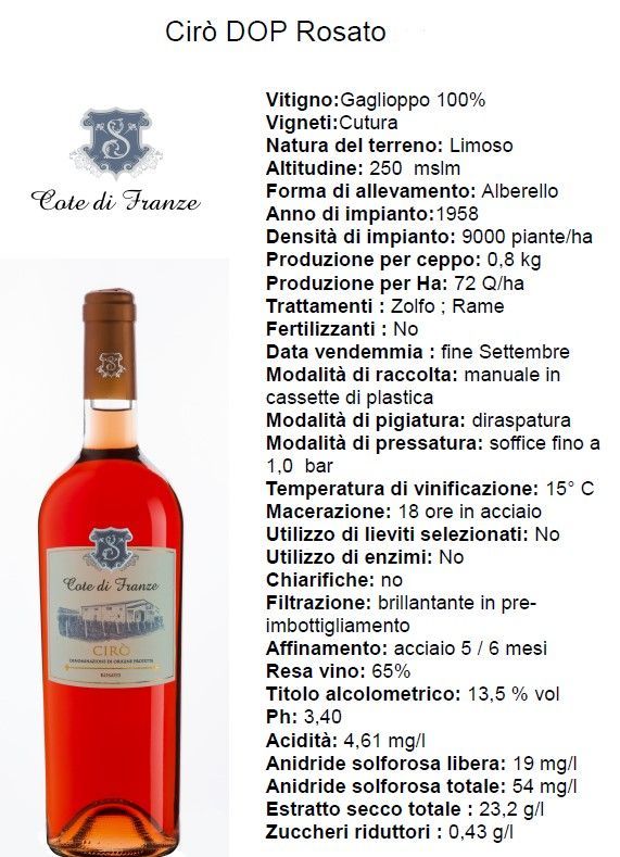 Bottiglia di vino Ciro DOP Rosato con etichetta rossa e dettagli sul prodotto in italiano, su sfondo bianco