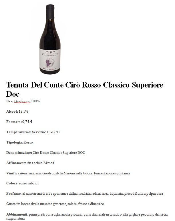 Pagina prodotto del vino Tenuta Del Conte Ciro Rosso Classico Superiore Doc con note di degustazione e scheda tecnica