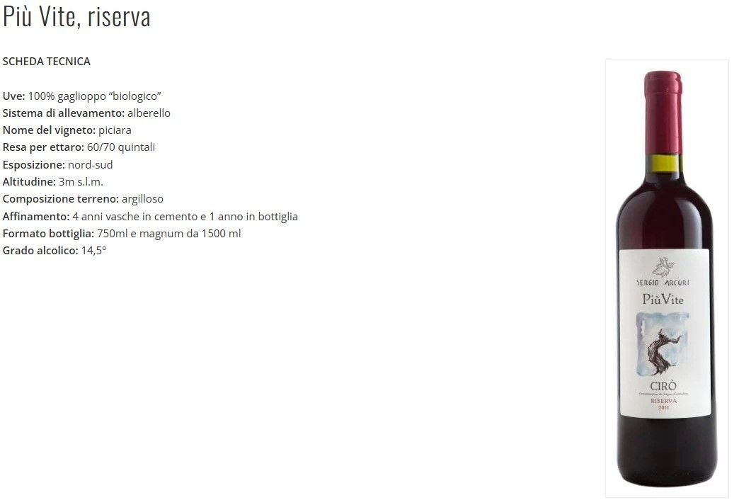 Pagina di un’etichetta di vino con una bottiglia di vino rosso, testo in italiano e un’etichetta bianca sulla destra
