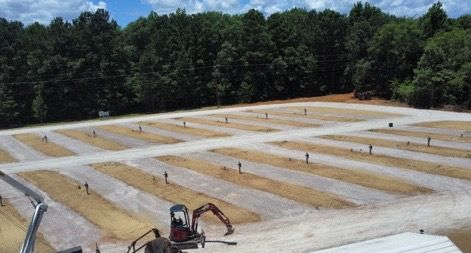Concrete foundation footings laid out in a grid at a construction site, with trees in the background.