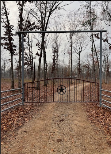 Closed metal gate across a wooded dirt path in a leafless forest