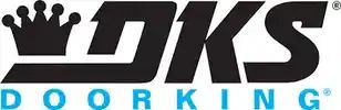 The logo for dks door king has a crown on it.