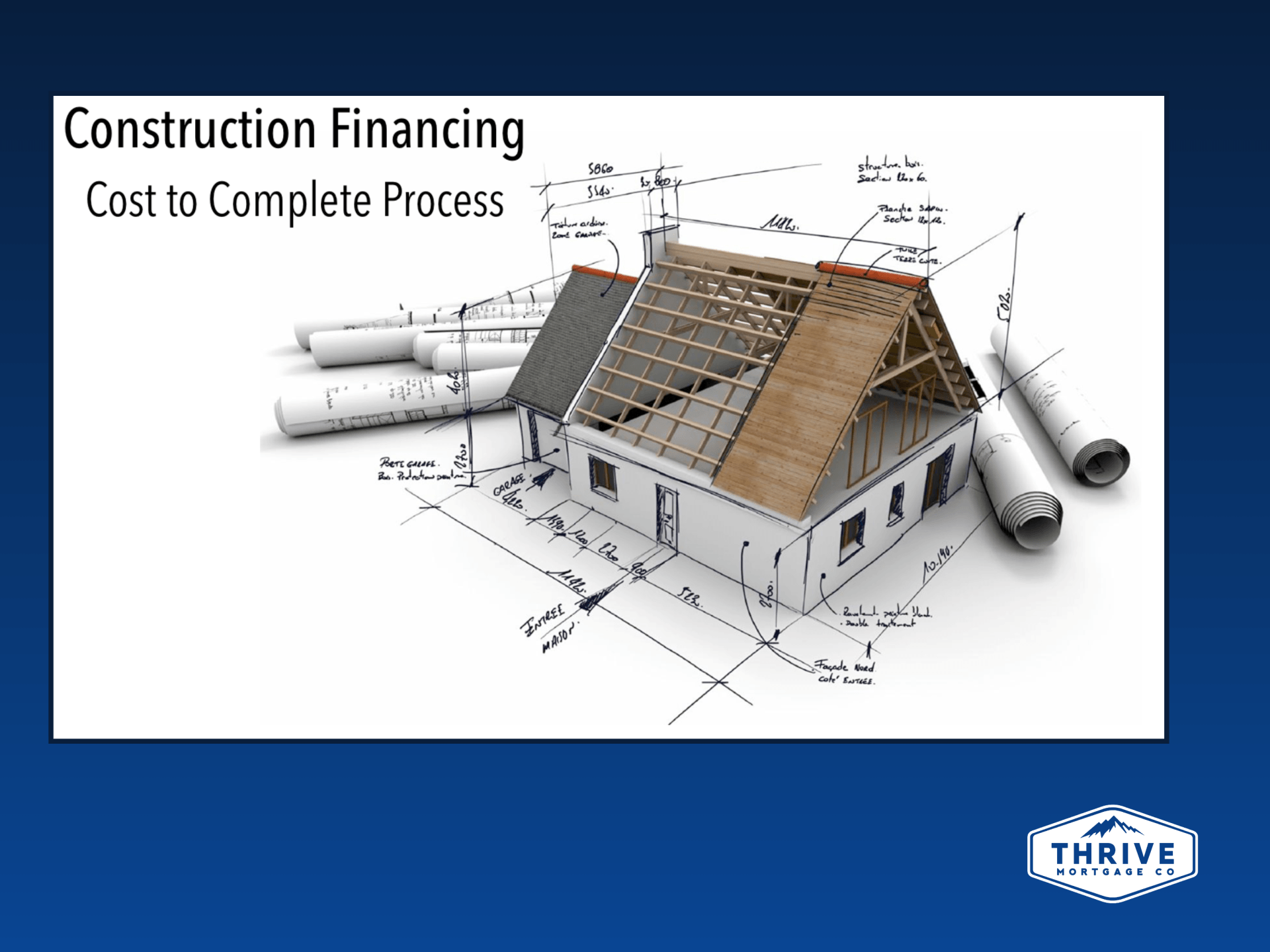 A construction financing cost to complete process is shown on a blueprint of a house.