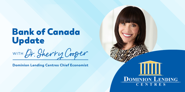 A woman is smiling on a blue background with the words bank of canada update with dr. sherry cooper.