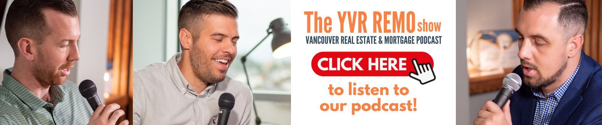 Two men are holding microphones in front of a sign that says click here to listen to our podcast.