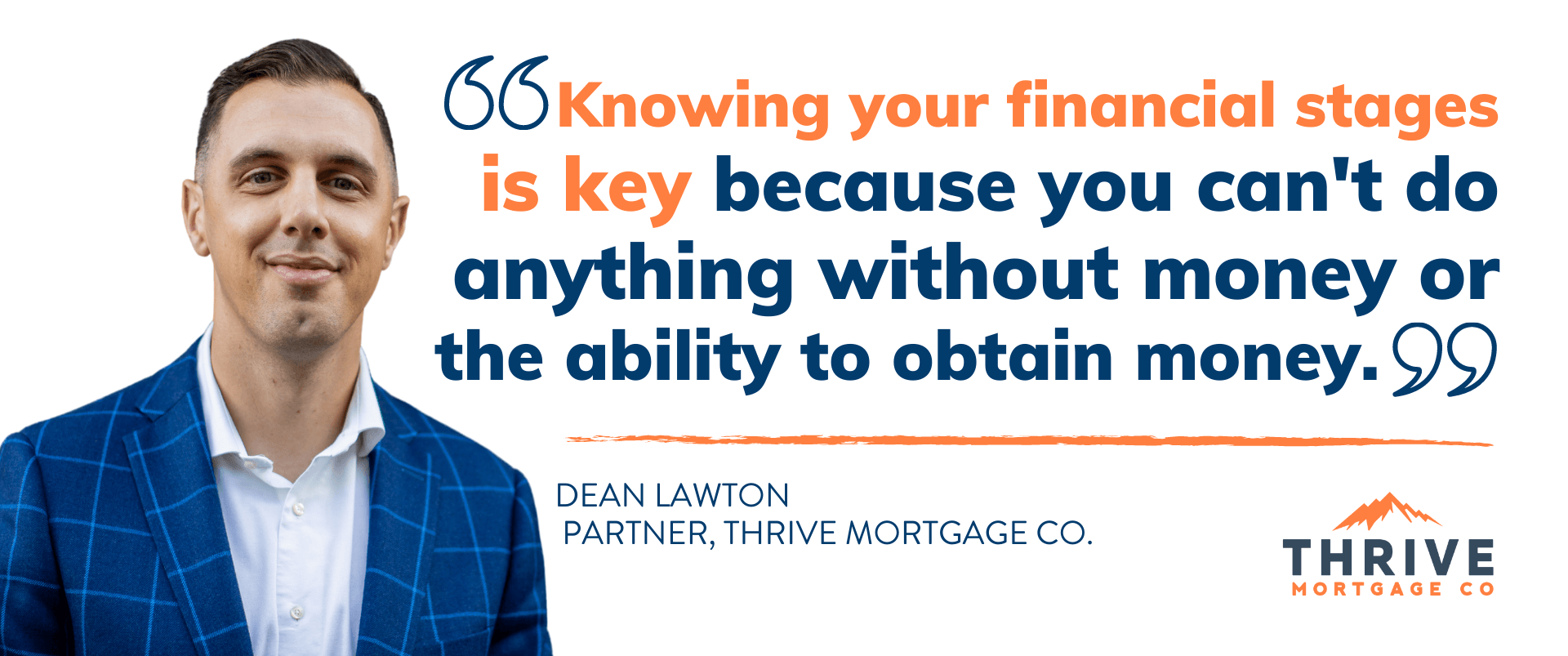 A man in a suit is standing next to a quote about financial stages.