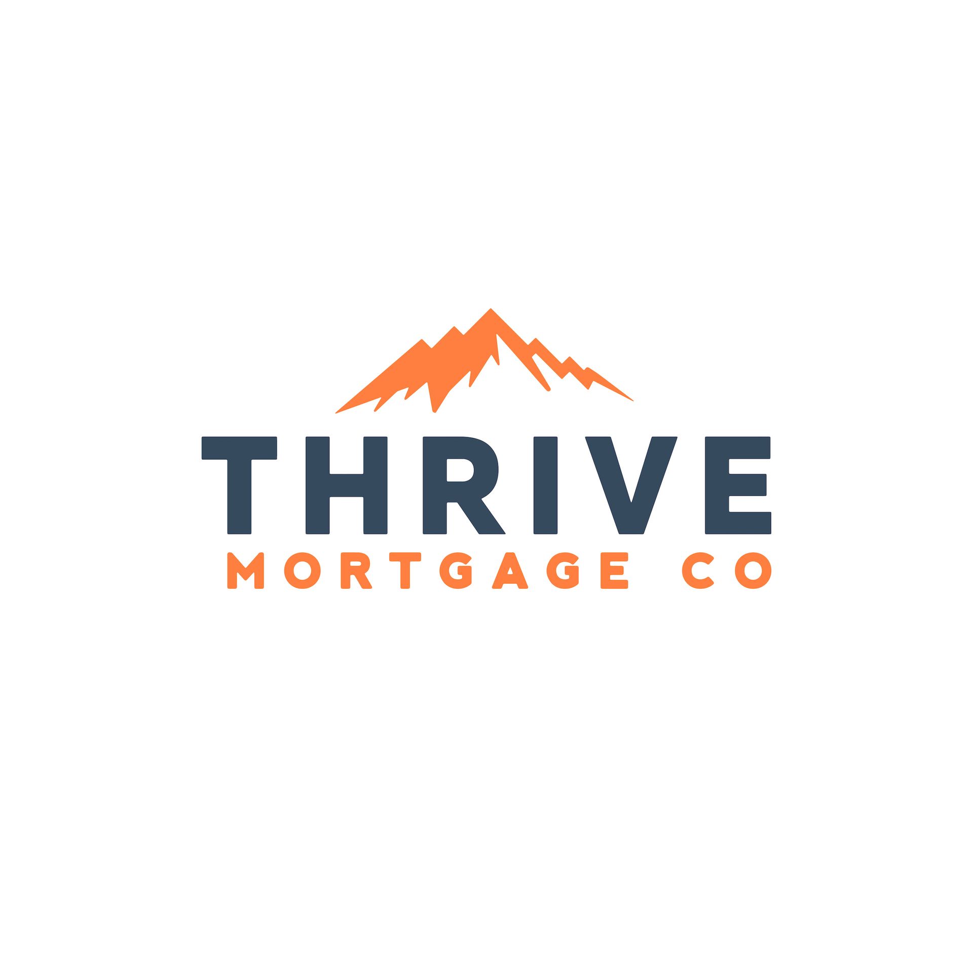 A logo for thrive mortgage co. with a mountain in the background.
