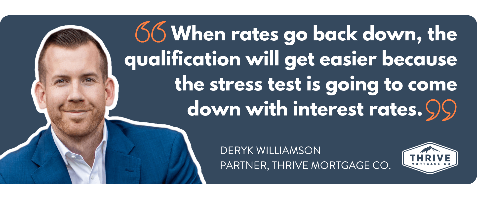 A man in a blue suit is standing next to a quote about interest rates