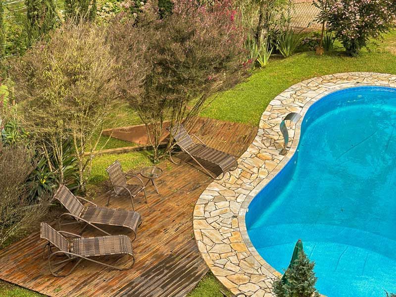 Piscina no quintal com borda curva de pedra, espreguiçadeiras de madeira e árvores ao redor do deck.