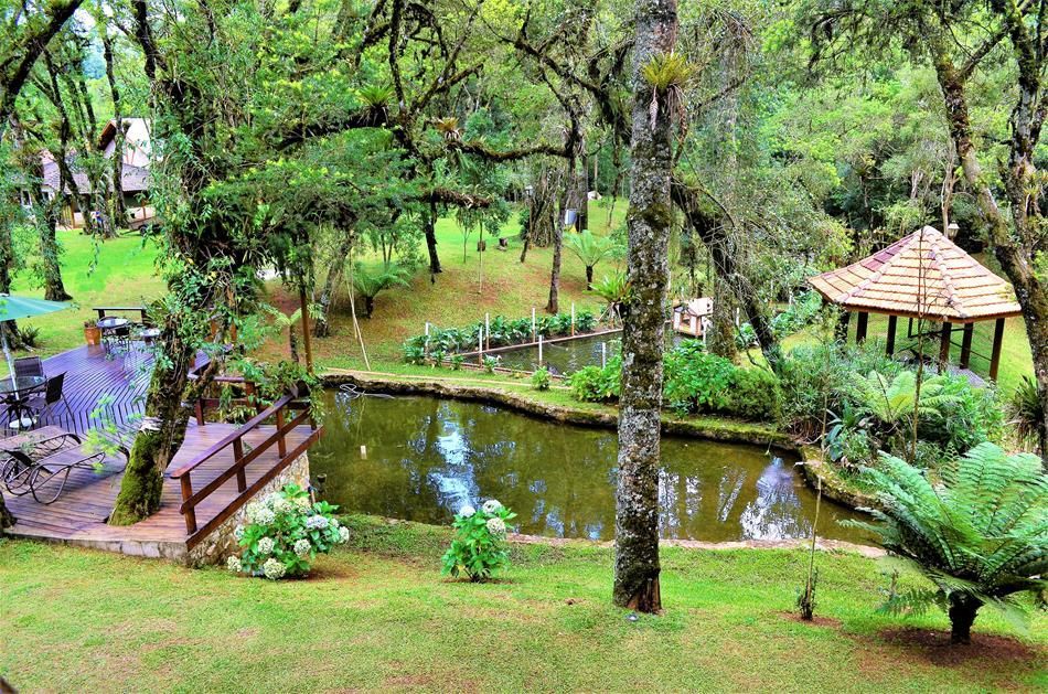 Lago exuberante no jardim, com ponte de madeira, árvores e um gazebo rodeado de vegetação.