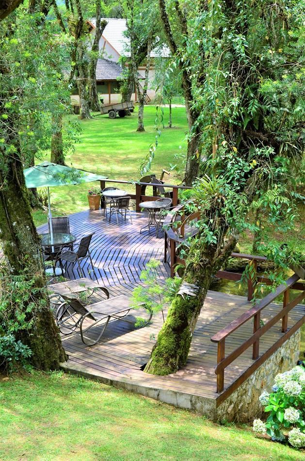 Pátio ajardinado com mesas, guarda-sol verde e árvores exuberantes que circundam um pequeno deck.