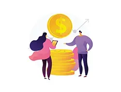 Duas pessoas trocando dinheiro ao lado de moedas empilhadas e um símbolo de dólar dourado, com uma seta apontando para cima.