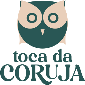 Logotipo de uma coruja azul-petróleo e bege acima das palavras “toca da CORUJA”