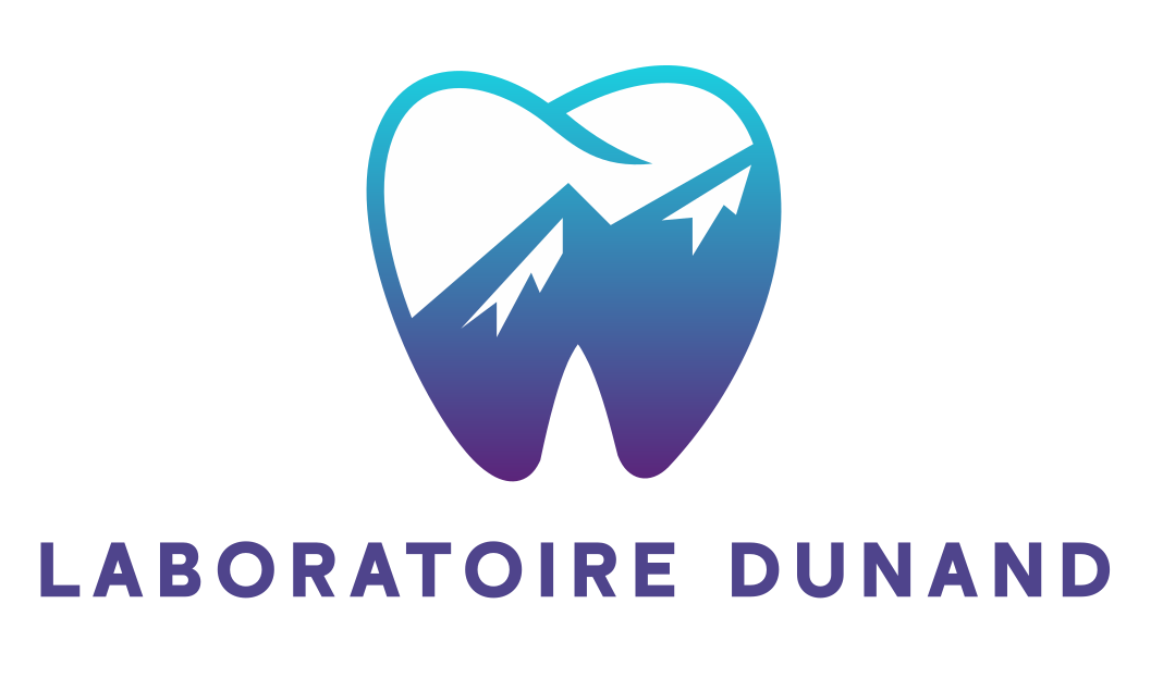 Logo du Laboratoire Dunand : une icône de dent remplie d’une silhouette de montagne en dégradé bleu-violet
