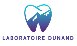 Logo du Laboratoire Dunand : une icône de dent remplie d’une silhouette de montagne en dégradé bleu-violet