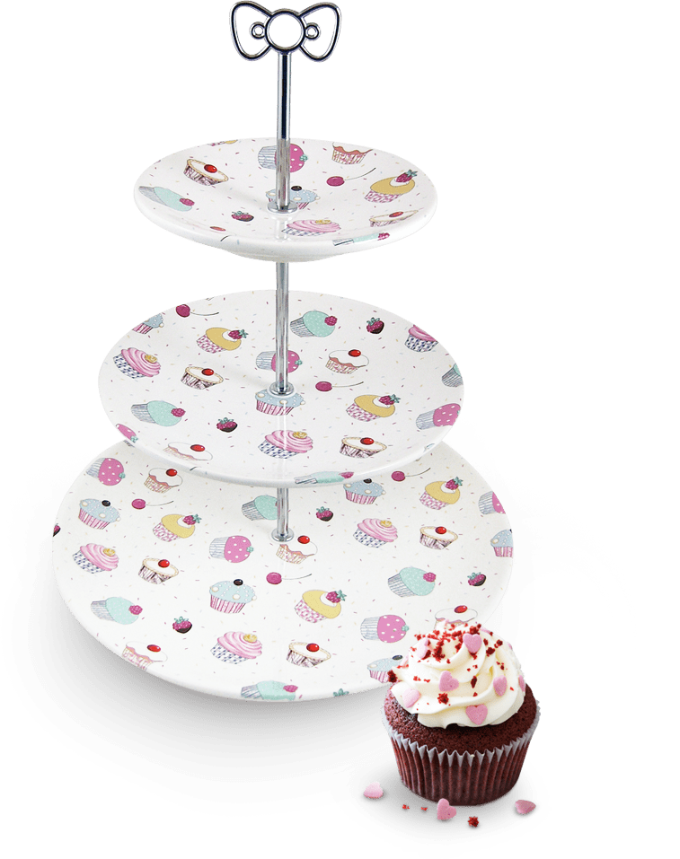 Ein dreistöckiger Tortenständer mit Cupcakes darauf und einem Cupcake darauf.