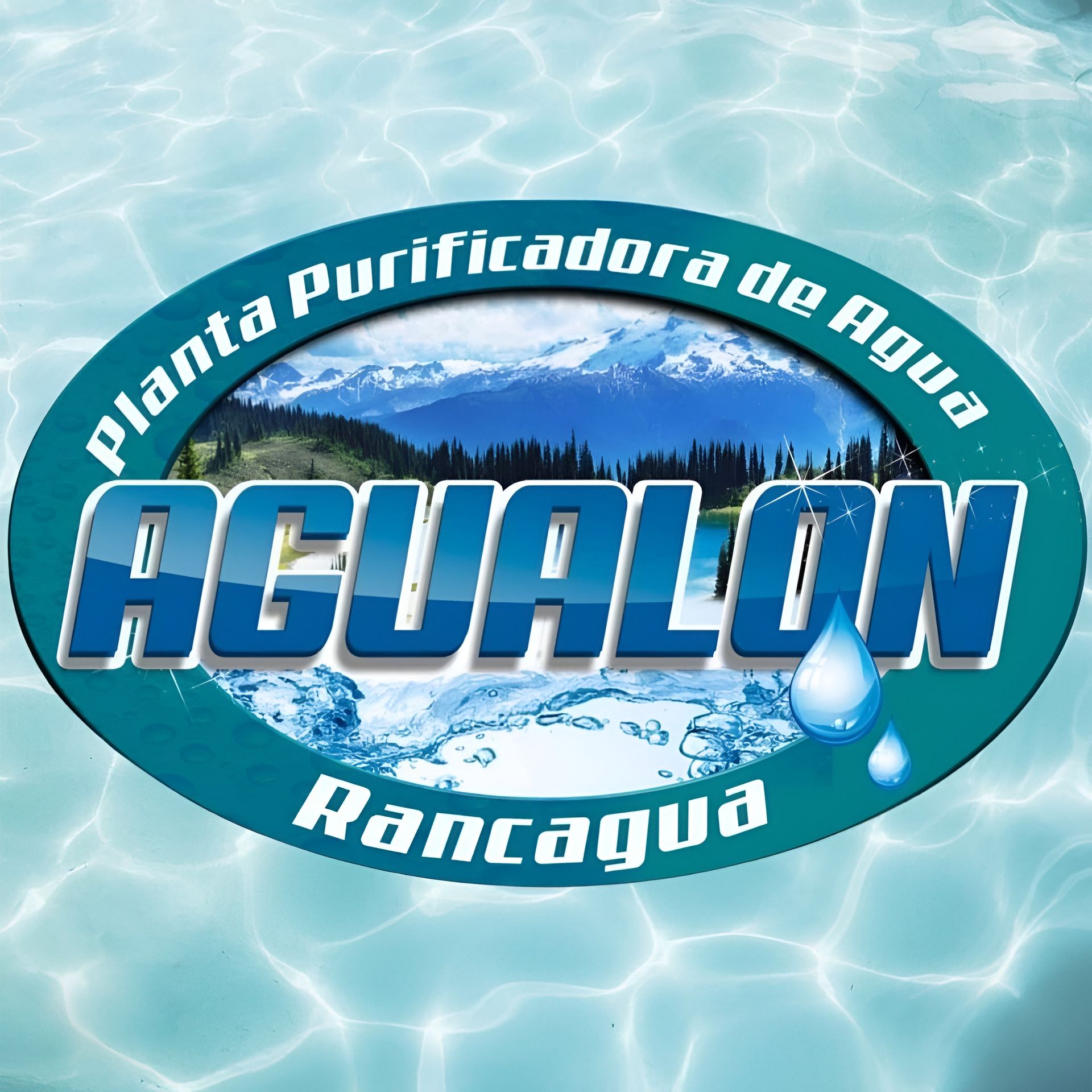 Logo de AGUALON, planta purificadora de agua en Rancagua, sobre fondo azul con gotas de agua