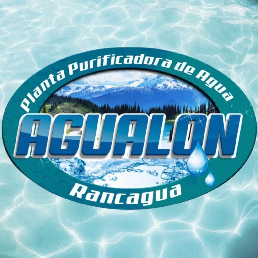 Logo de AGUALON con fondo de agua, texto “Planta Purificadora de Agua” y “Rancagua”