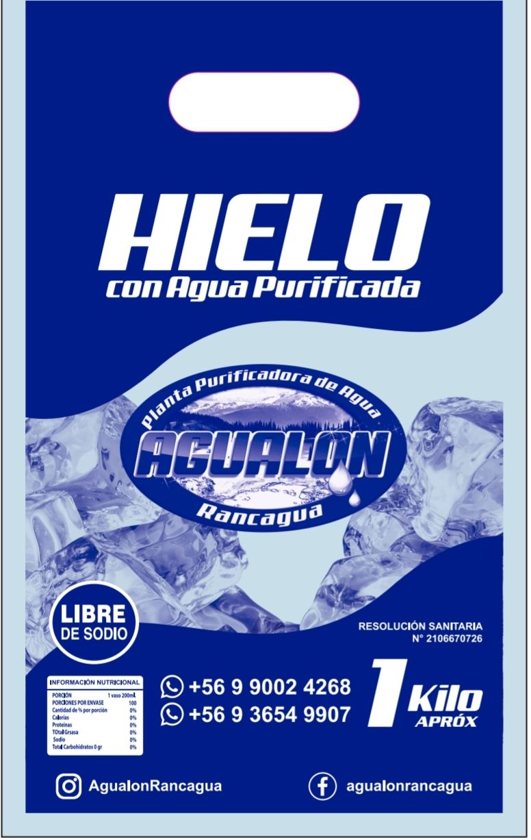 Etiqueta azul para bolsa de hielo de Agua Purificada Hielo, con montañas, números de teléfono y capacidad de 1 kilo.