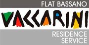 Logotipo para o Flat Bassano Vaccarini Residence Service, apresentando letras estilizadas em preto com formas geométricas coloridas.