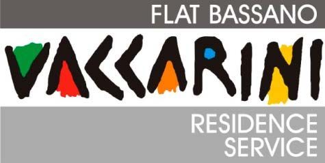 Logotipo para o Flat Bassano Vaccarini Residence Service, apresentando letras estilizadas em preto com formas geométricas coloridas.