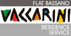 Logotipo para o Flat Bassano Vaccarini Residence Service, apresentando letras estilizadas em preto com formas geométricas coloridas.