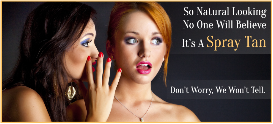 Two women whispering to each other about spray tan in St. Louis
