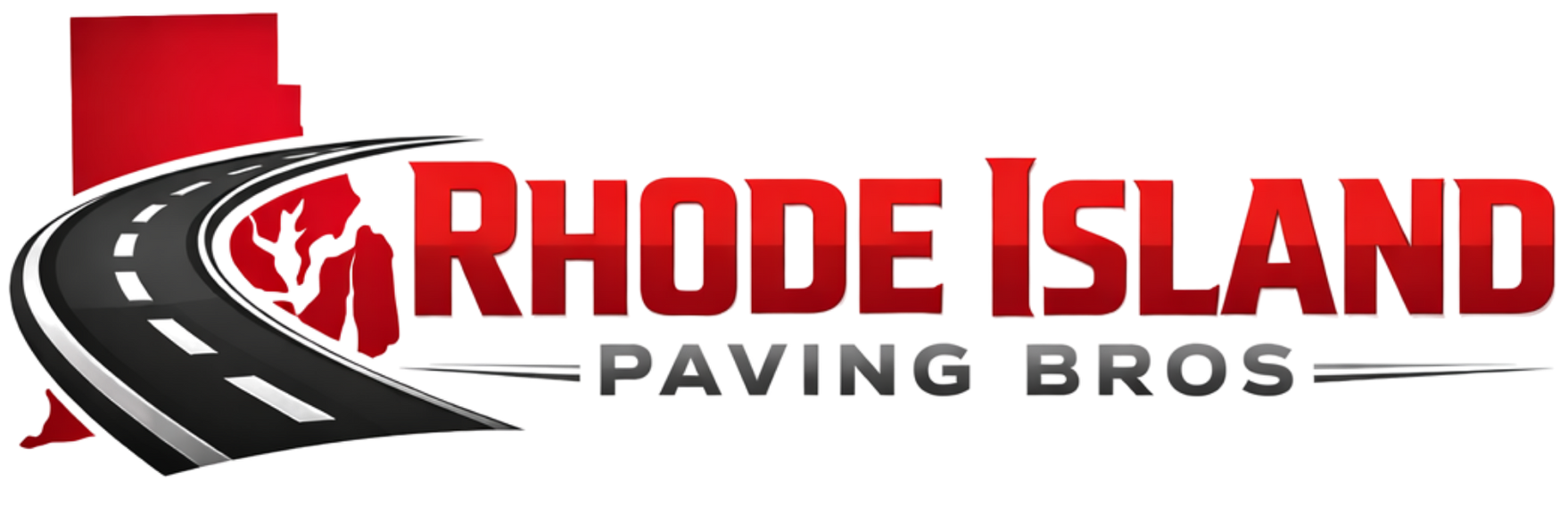 The logo for Rhode Island Paving Bros, featuring a stylized road winding over a red silhouette of Rhode Island.