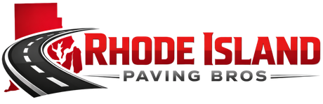 The logo for Rhode Island Paving Bros, featuring a stylized road winding over a red silhouette of Rhode Island.