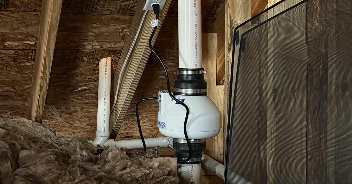 Attic crawlspace with insulation, ductwork, and white plumbing pipes beside a metal mesh wall.