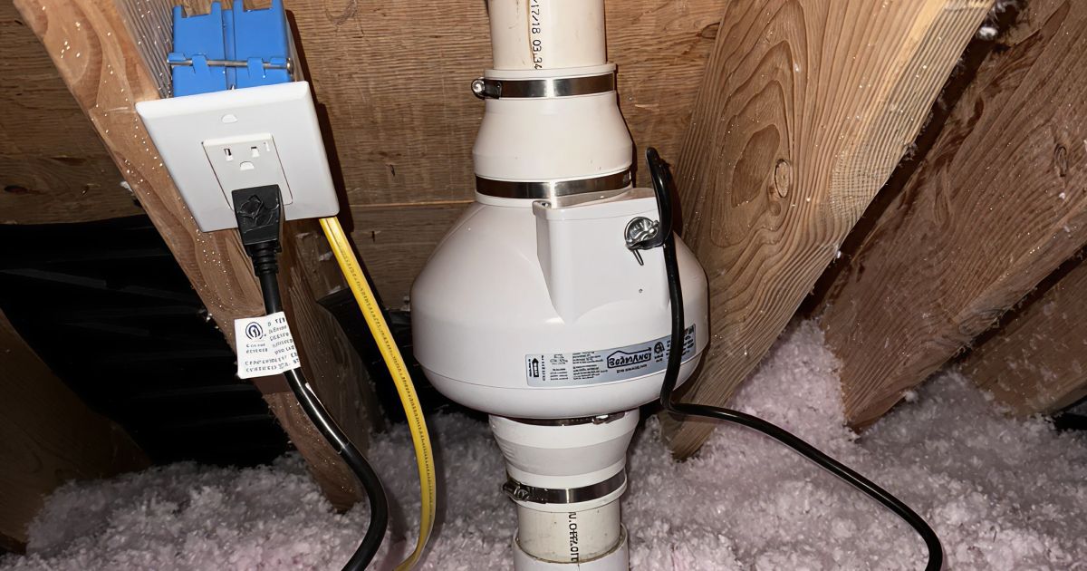 Plumbing pipes and fittings in an unfinished attic, with a white pipe junction and electrical outlet.