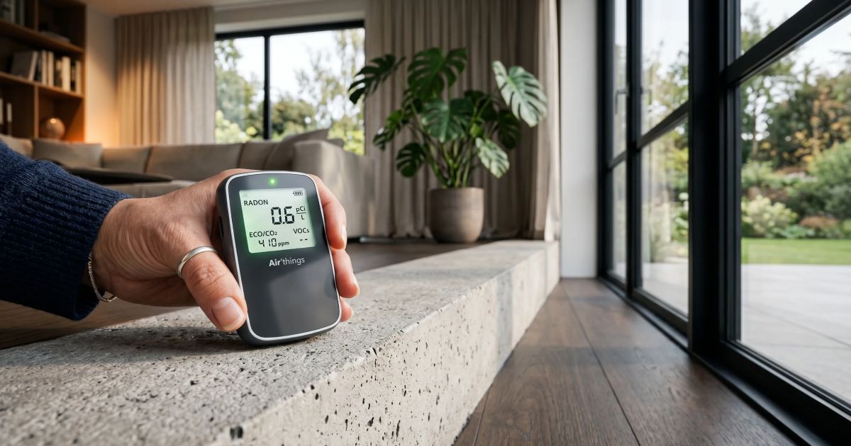 Hand holding a small digital device on a stone ledge beside a bright living room and window