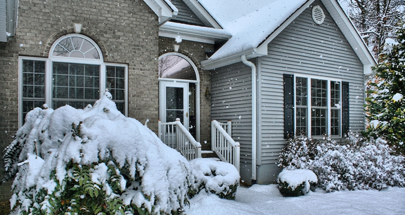 Snow-covered suburban house with white siding, large windows, and bushes buried in snow.