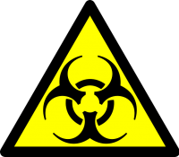 Yellow triangular biohazard warning sign with black symbol and border