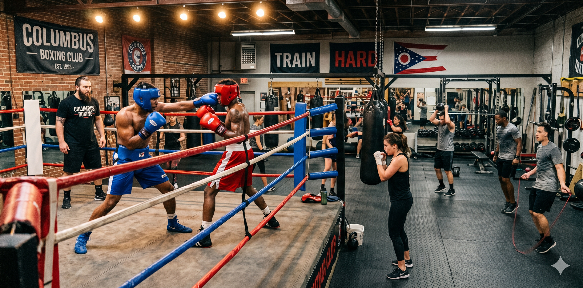 Boxing gym with two sparring athletes in a ring and people training on equipment nearby