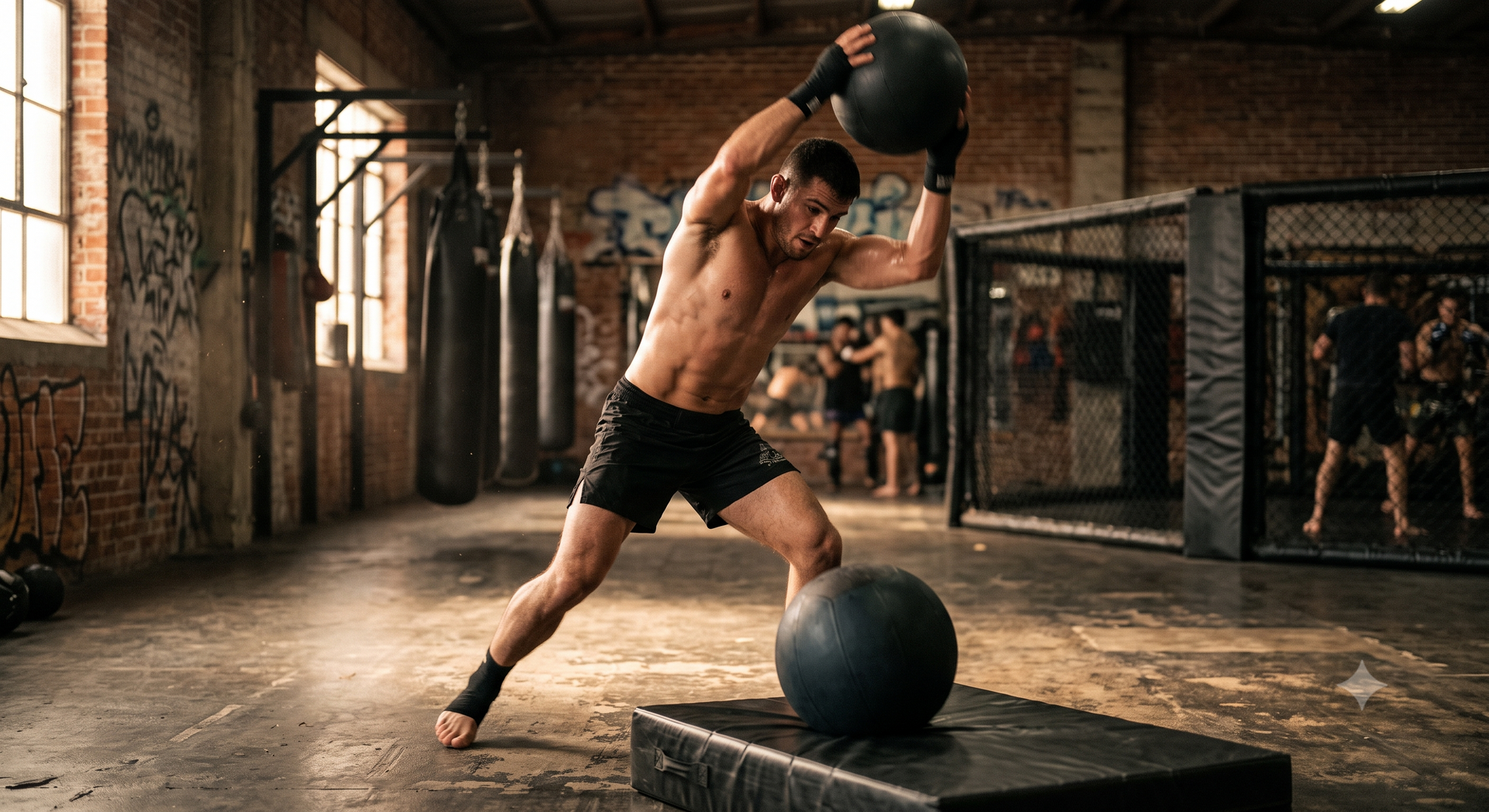 Man in a gym slams a medicine ball overhead onto another ball on a box.