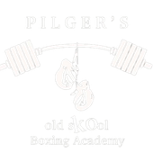 The logo for pilger 's old skool boxing academy shows a barbell and boxing gloves.