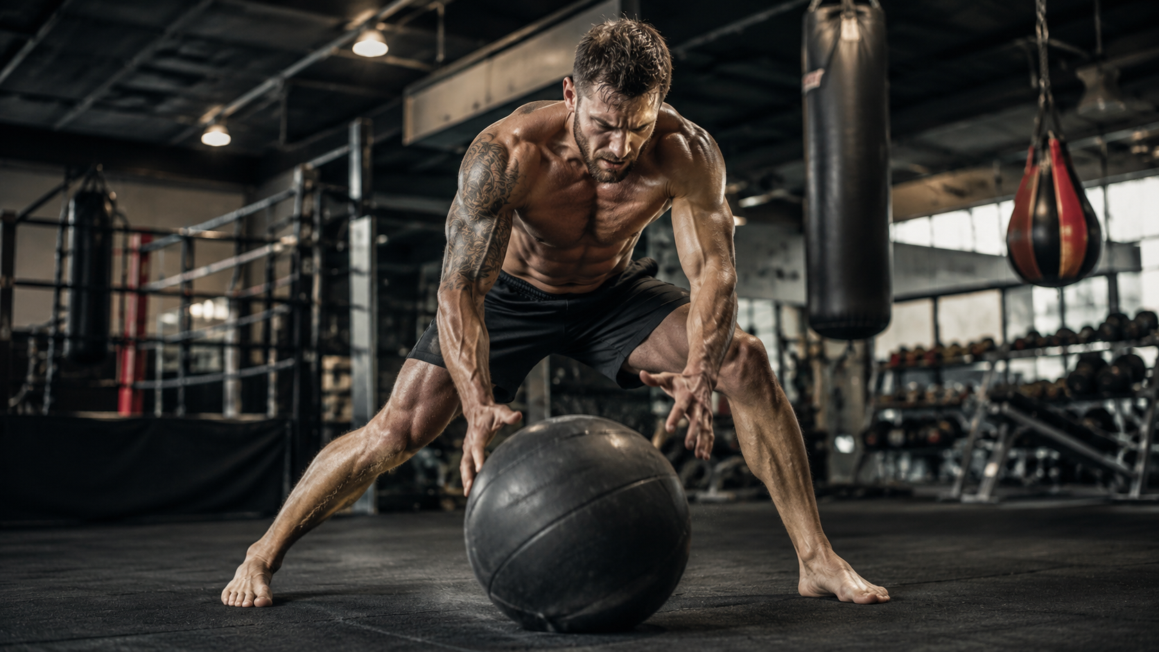 Fighter performing medicine ball slam core training in a gym