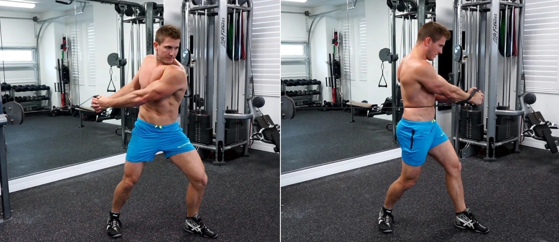 Man in blue shorts performing a cable woodchop exercise in a gym.