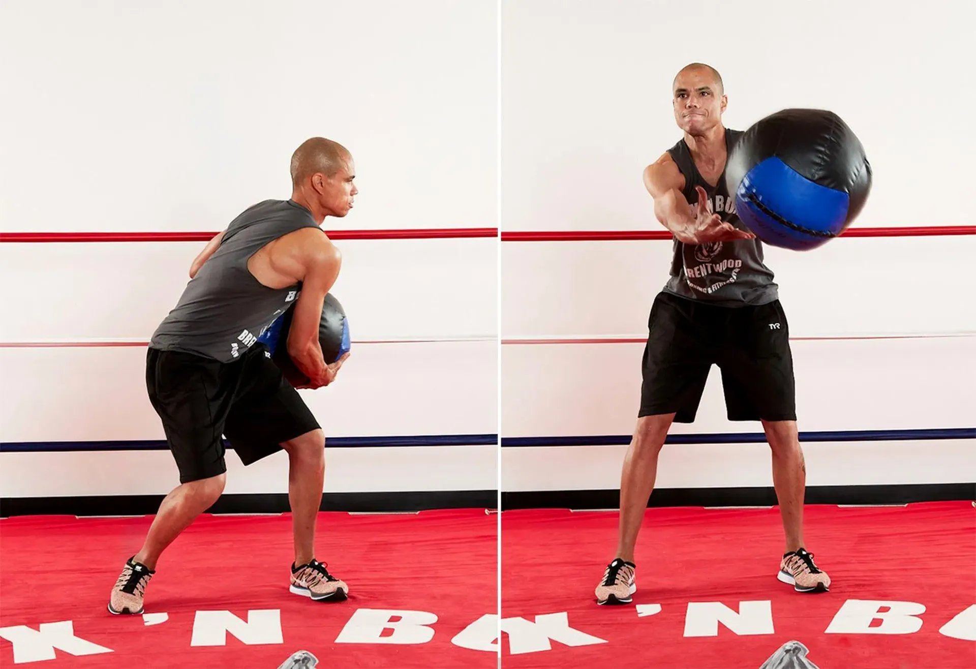 Person doing medicine ball exercises in a gym, shown in two action poses on a red floor.