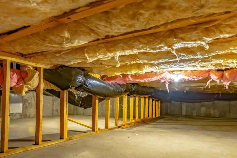 Insulated crawl space with exposed wooden joists, yellow supports, and concrete floor under a house