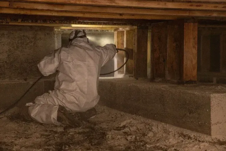 Person in a protective suit working in a tight crawlspace under a wooden structure with a hose or cable.