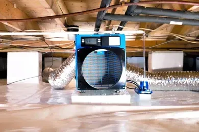 Blue portable fan in an attic crawlspace with insulated ducts and exposed ceiling joists.
