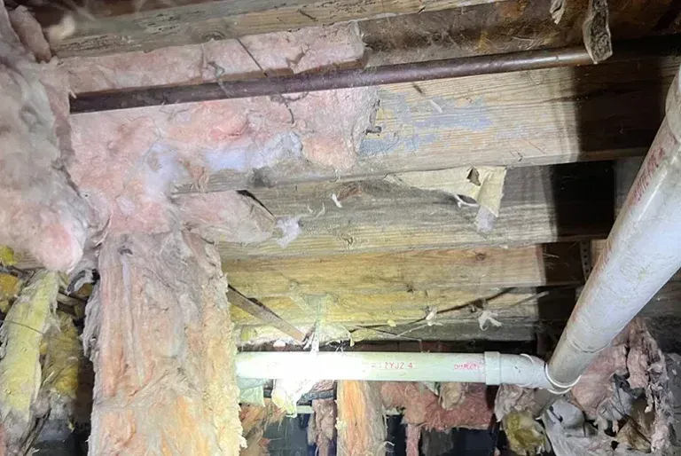 Rusty underground mine tunnel with wooden beams and pipes supporting the ceiling