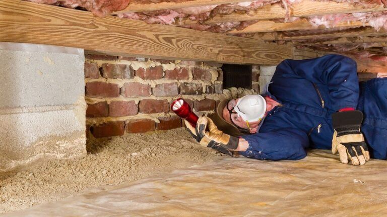 Worker in blue coveralls crawling under a low brick foundation, using a flashlight in a crawl space.