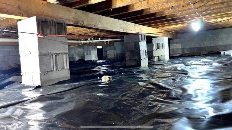 Crawlspace under a house with plastic moisture barrier, wooden beams, and support posts