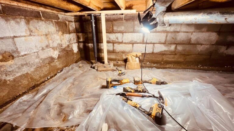 Basement with exposed cinder block walls, plastic-covered floor, and construction tools under a single light.