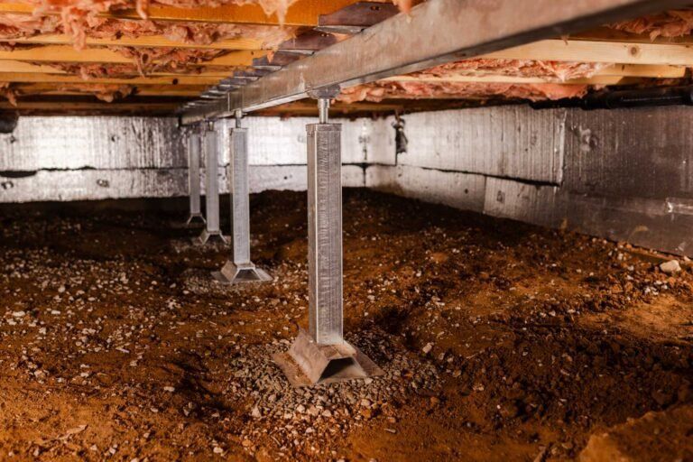 Crawlspace with metal support posts beneath a house, showing exposed joists and damp soil.