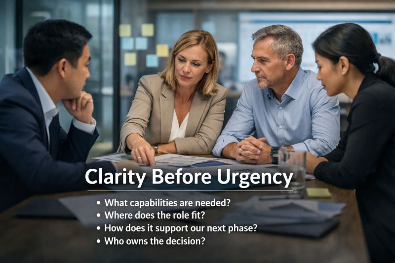 Four professionals sit around a table discussing business strategy, with text overlay reading 
