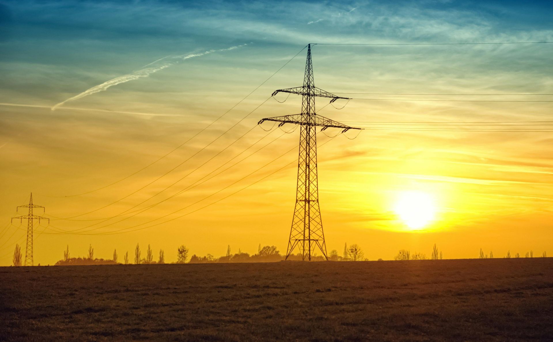 Sunset over field with power lines and a flock of birds.